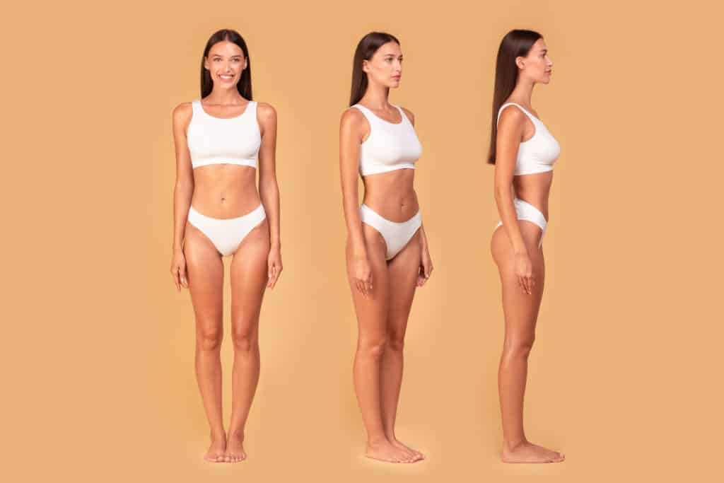 Collage of young slim woman in underwear posing on beige studio background, female model demonstrating nice body Collage of young slim woman in underwear posing on beige studio background, female model demonstrating nice body