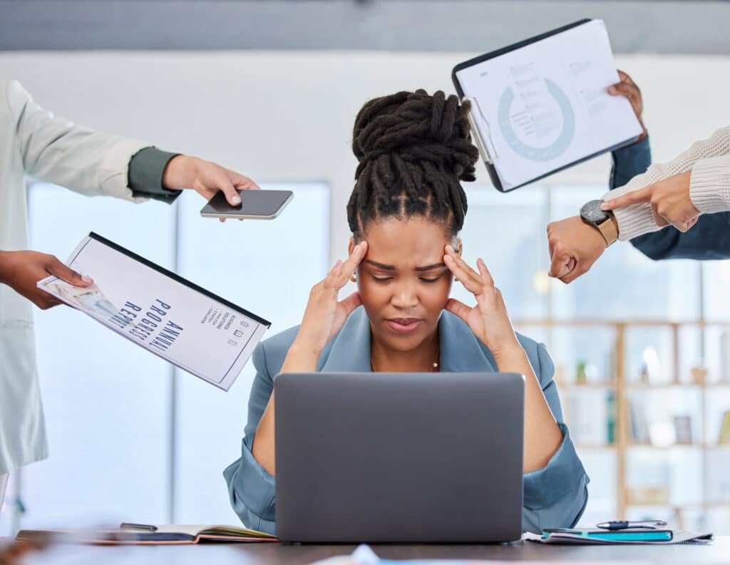 headache-stress-or-black-woman-multitasking-docum-2023-11-27-05-17-41-utc