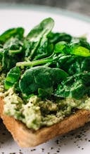 Basil Leaves and Avocado on Sliced Bread on White Ceramic Plate