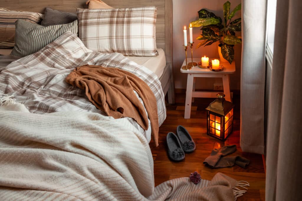 cozy scandinavian bedroom interior in natural tones, real life m