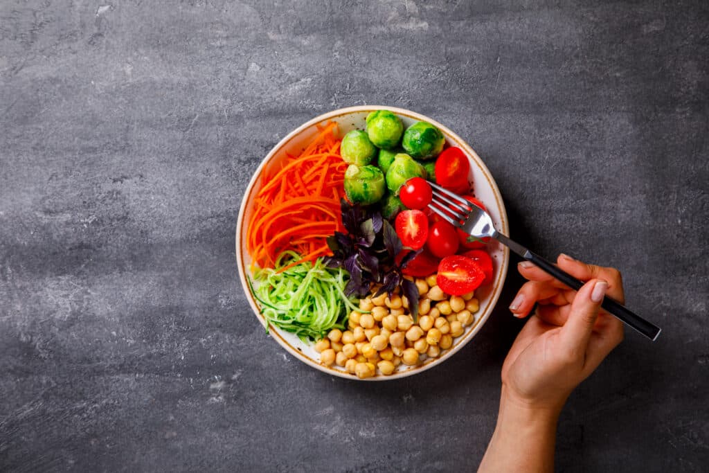 Raw mixed Vegetables and chickpeas.Vegetarian Buddha Bowl.