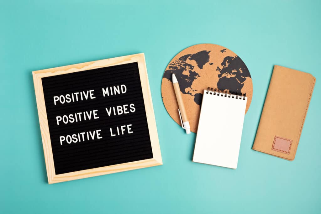 Positive mind, vibes, life motivational quote on the letter board. Inspiration text